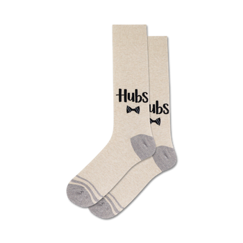 tan men's crew socks with "hubs" in black text on leg, black bow tie graphic, gray toe/heel.  
