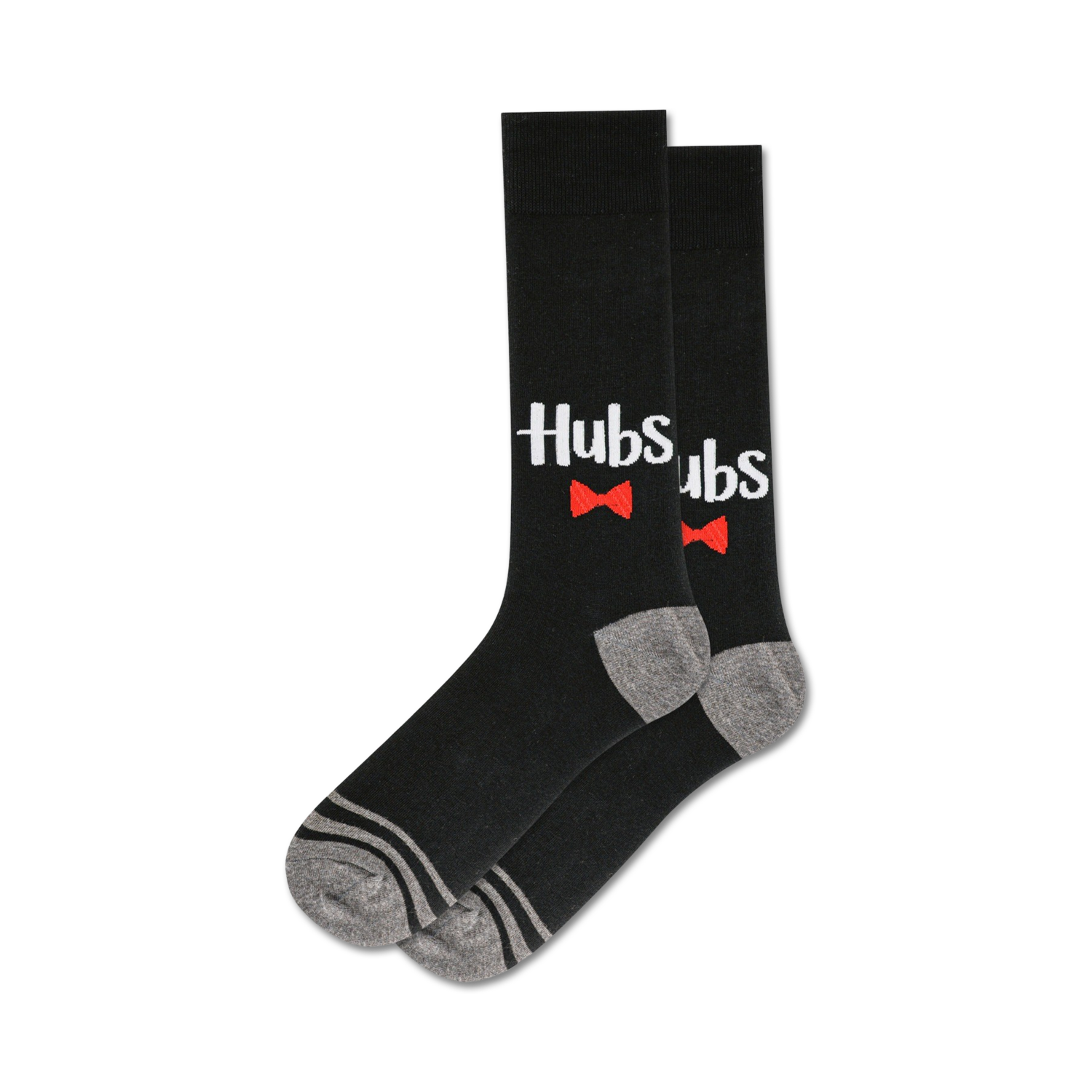 Lifestyle shot showcasing a pair of black 'Hubs' crew socks with red bowtie accents.