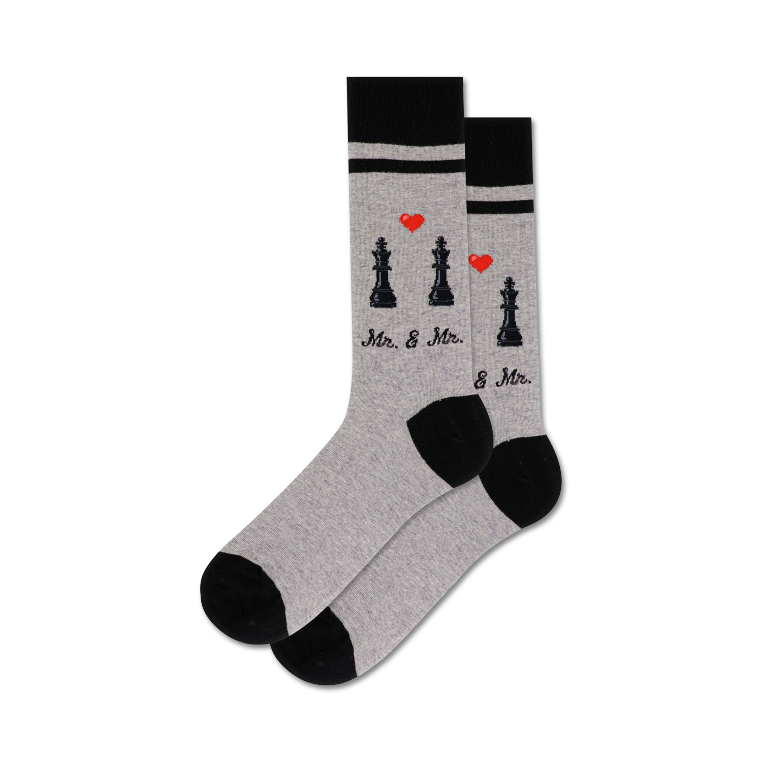 Lifestyle shot showing the grey and black Mr. & Mrs. socks on a model's feet.