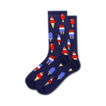 Pair of navy blue crew socks with a pattern of red, white, and blue ice cream cones and popsicles.