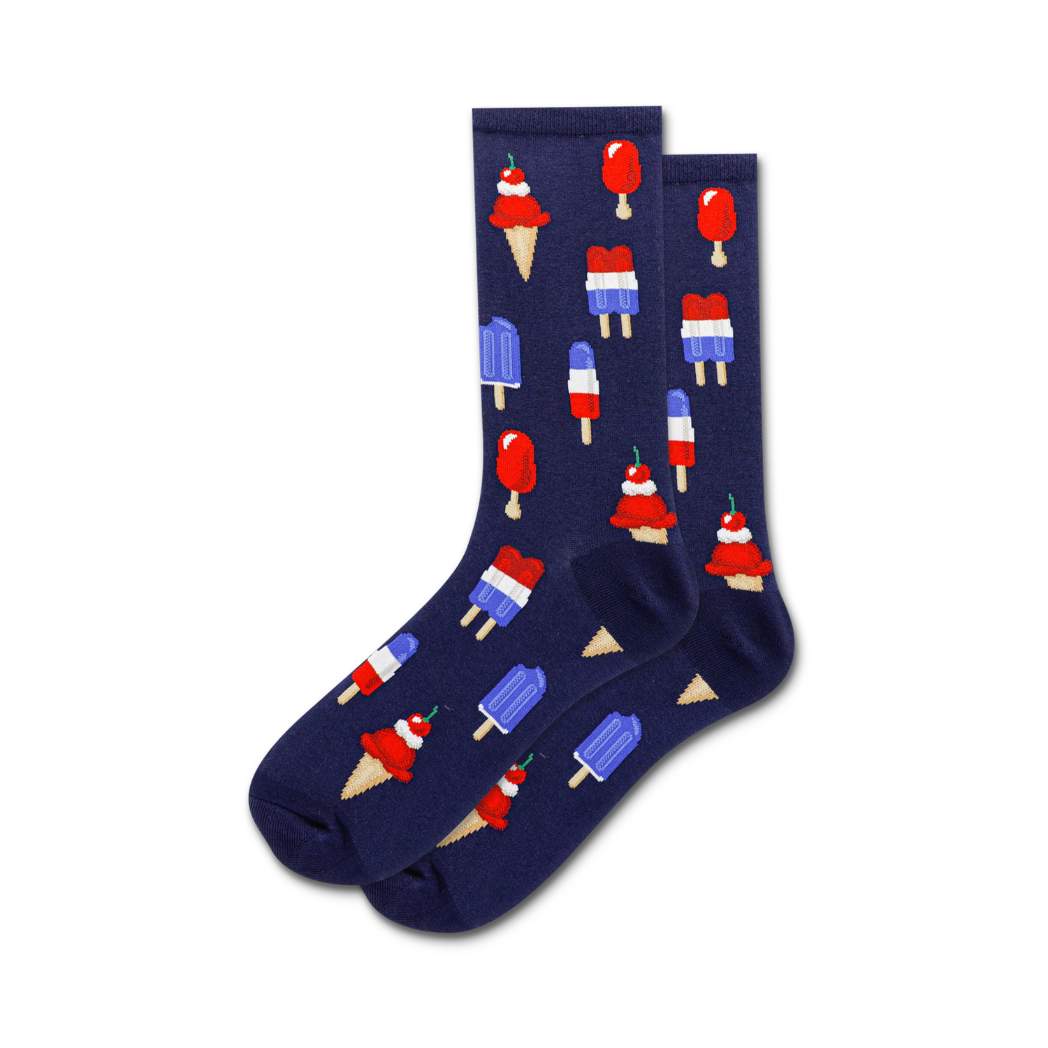 Pair of navy blue crew socks with a pattern of red, white, and blue ice cream cones and popsicles.
