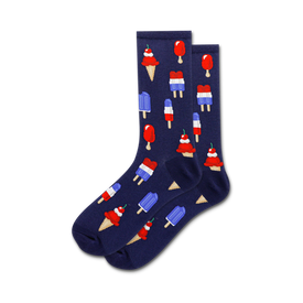 dark blue crew socks with red, white, and blue ice cream cones and popsicles for women.  