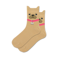 Pair of beige crew socks featuring a French Bulldog face design with a pink collar and bone charm. 