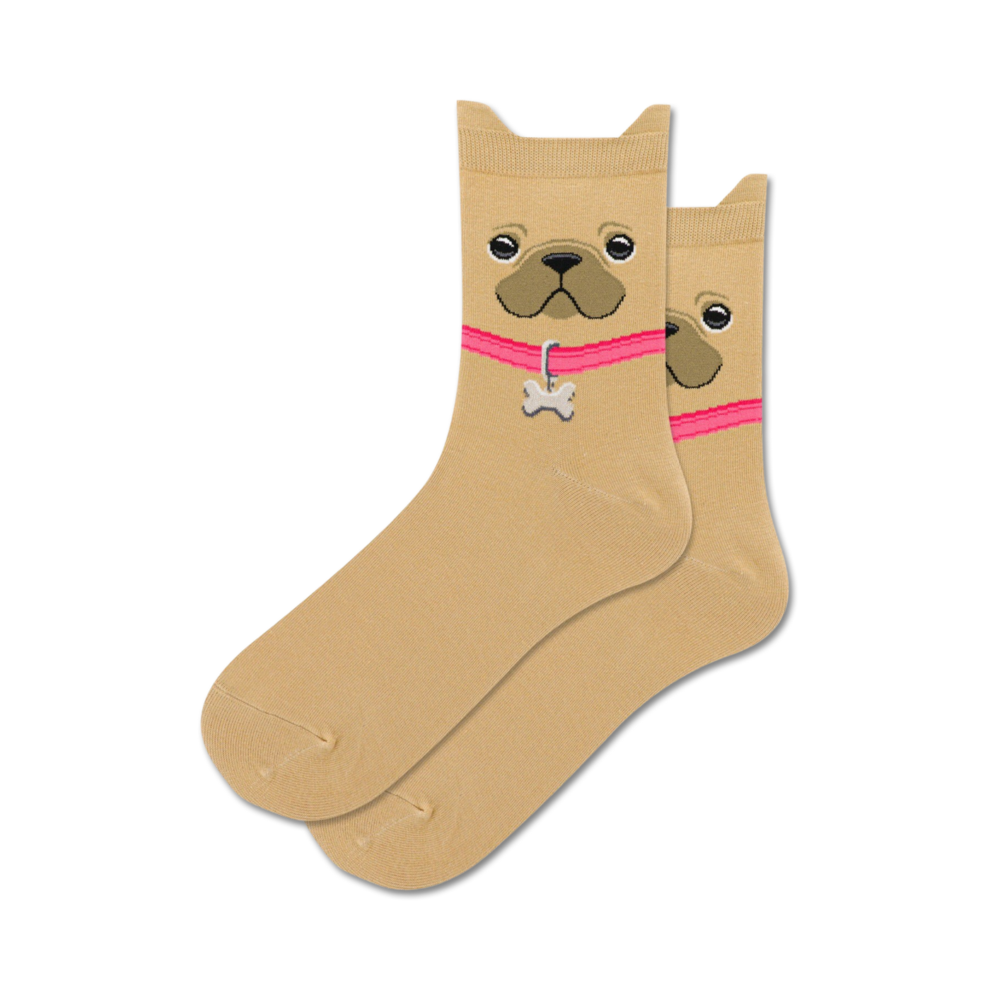 Pair of beige crew socks featuring a French Bulldog face design with a pink collar and bone charm. 