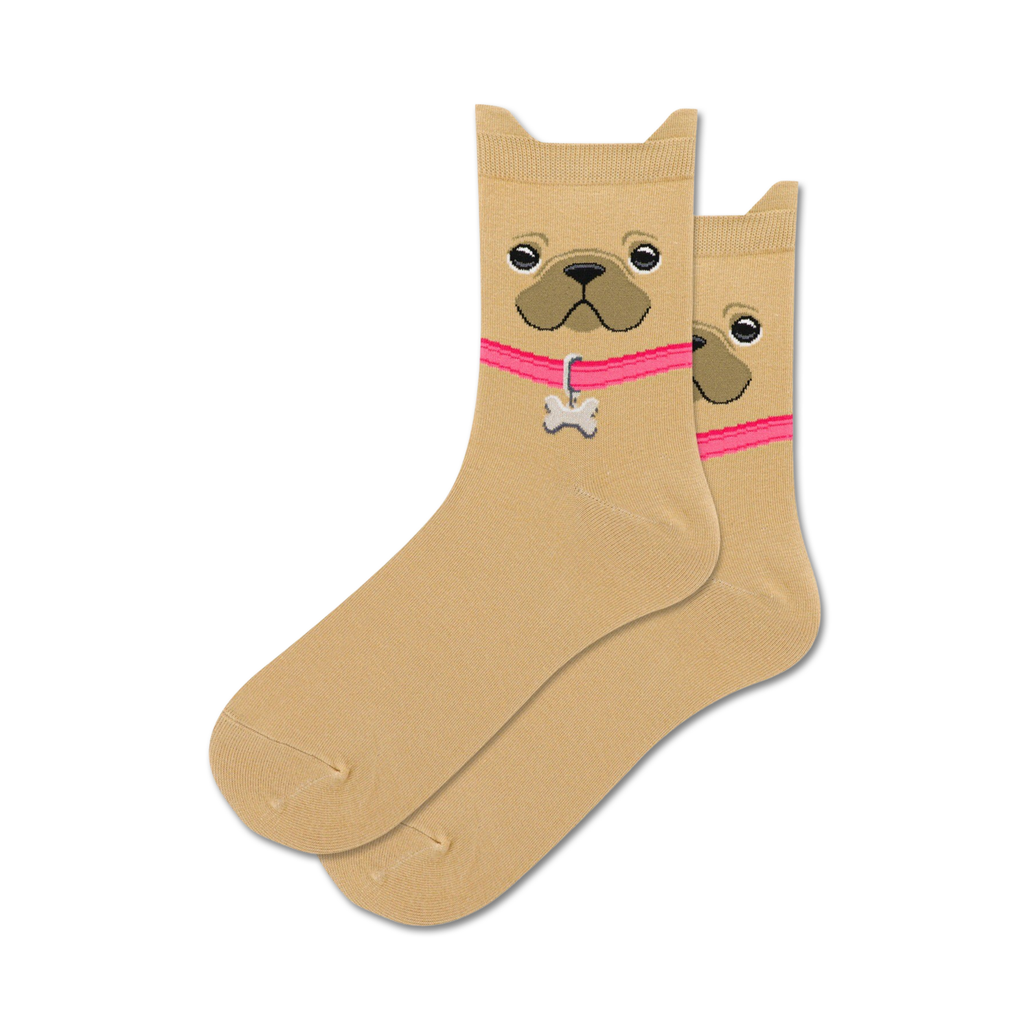 Pair of beige crew socks featuring a French Bulldog face design with a pink collar and bone charm. 