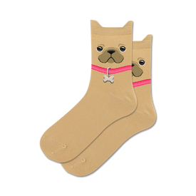 light brown mid-calf socks with an adorable all over pattern of french bulldogs with pink collars and bone-shaped tags.  