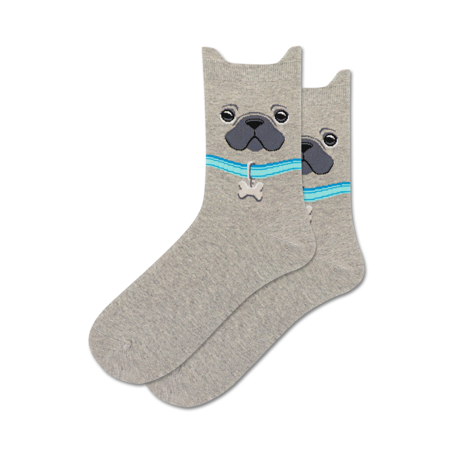Pair of grey crew socks with a French Bulldog face, light blue collar, and bone charm.