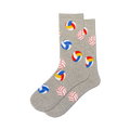 Pair of grey crew socks with colorful volleyball designs. Red, blue, white, and yellow volleyballs are scattered on a heather grey background.