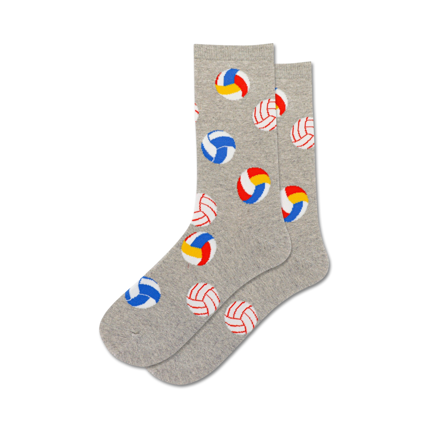 Pair of grey crew socks with colorful volleyball designs. Red, blue, white, and yellow volleyballs are scattered on a heather grey background.