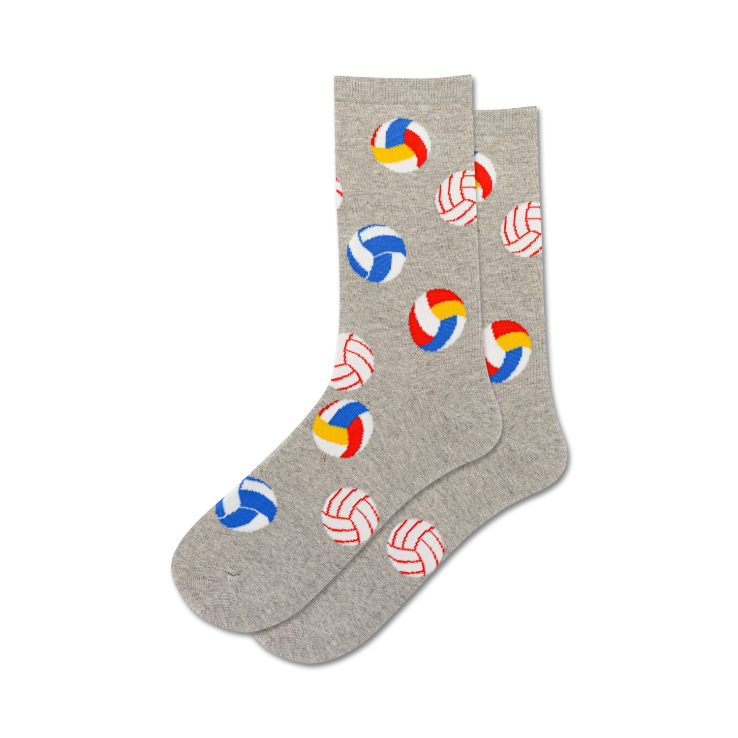 Pair of grey crew socks with colorful volleyball designs. Red, blue, white, and yellow volleyballs are scattered on a heather grey background.