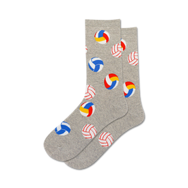 gray volleyball crew socks adorn a pattern of multicolored volleyballs, perfect for ladies who love spiking balls in style.   