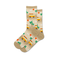 Pair of crew socks in beige and orange, featuring a pattern of vintage surf vans, palm trees, and setting suns.