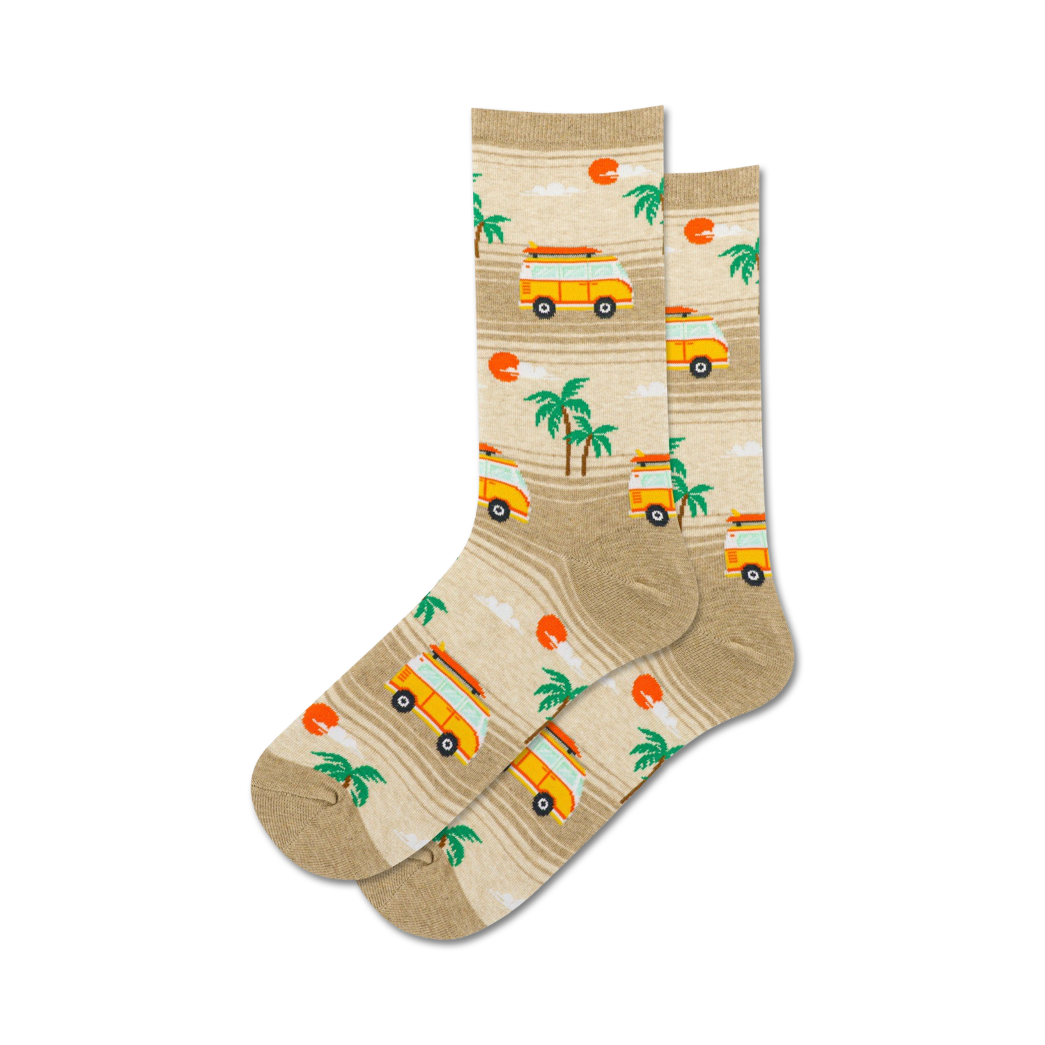 Pair of crew socks in beige and orange, featuring a pattern of vintage surf vans, palm trees, and setting suns.