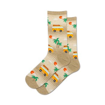   light tan women's crew socks with all-over orange and white images of vintage vans with surfboards driving under palm trees with sunset.   
