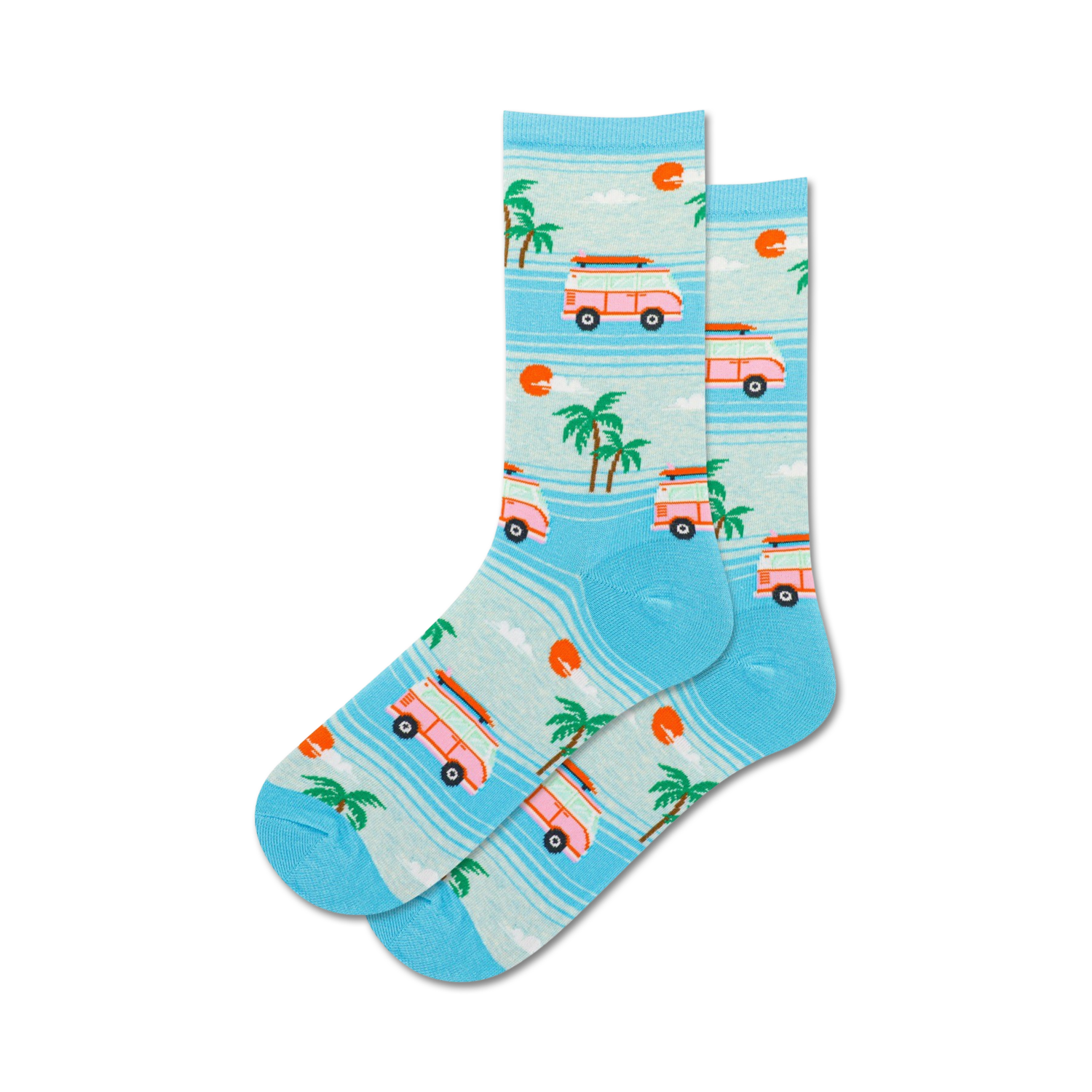 Lifestyle shot showing the blue Beach Van socks on a person's feet; they're wearing jeans and sandals.