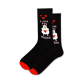 Pair of black crew socks with a design featuring two sheep holding hearts, text that says 'I Love You Maaaa', and pink and red accents.