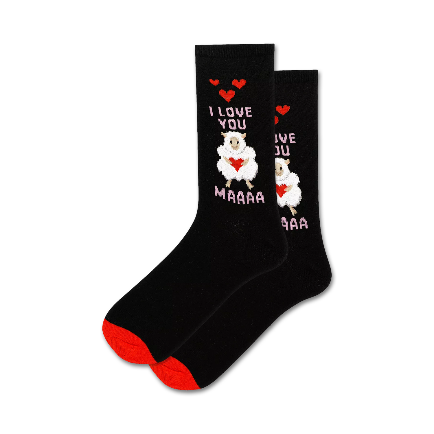 Pair of black crew socks with a design featuring two sheep holding hearts, text that says 'I Love You Maaaa', and pink and red accents.