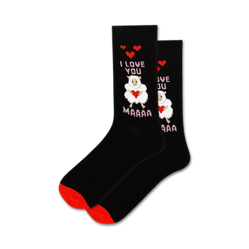 black and red crew socks for women feature white sheep with pink heart in mouth and â€œi love you maaaaâ€ text.  