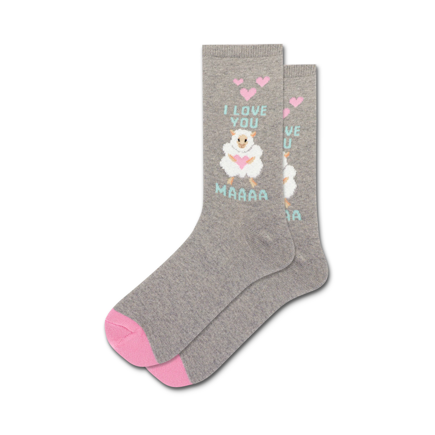 Close-up of a pair of grey 'I Love You Maaaa' crew socks with pink and teal accents. The socks feature the same sheep design as the black pair.