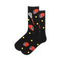 Pair of black crew socks with a pattern of red lacrosse helmets, sticks, and yellow balls. Fun, sporty design.