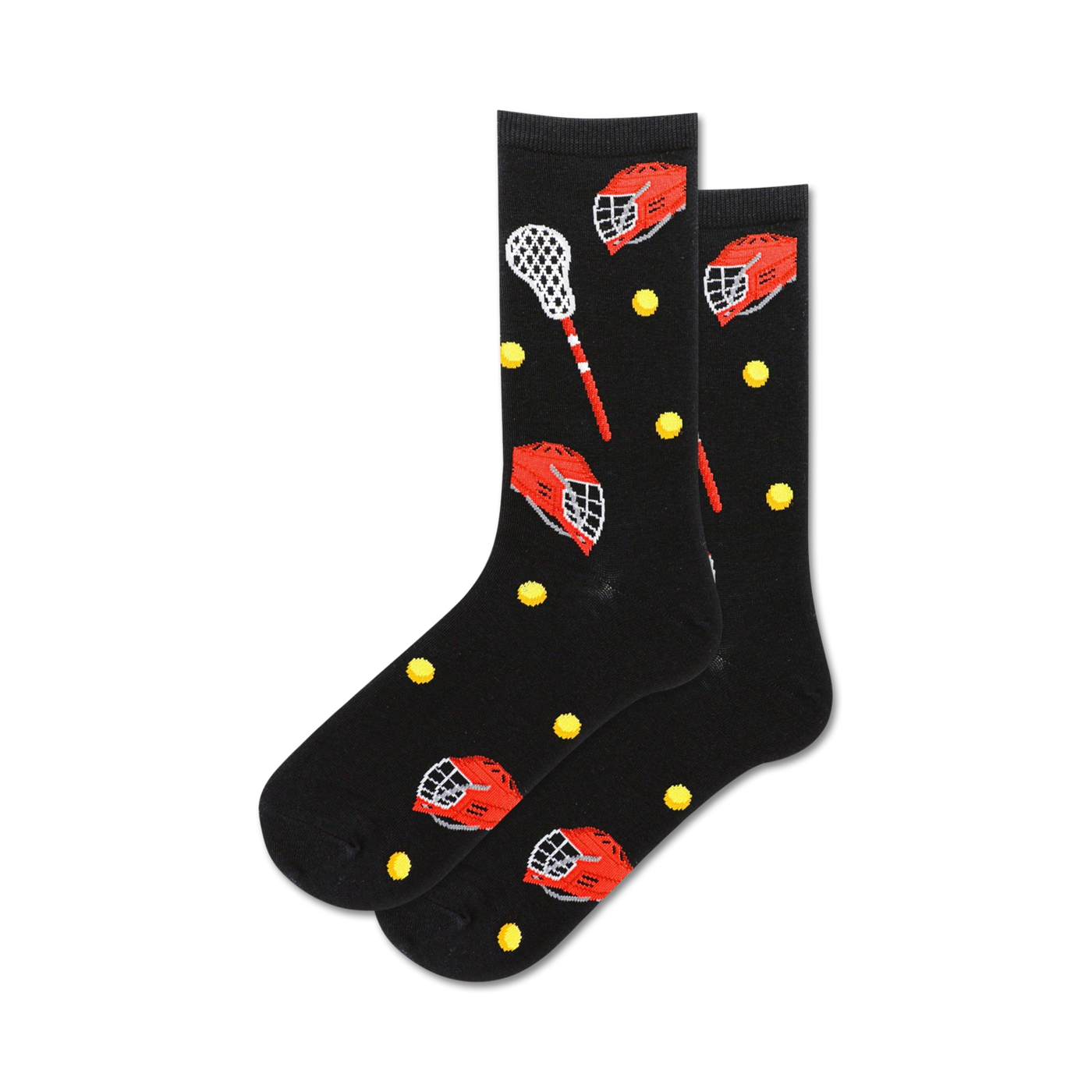 Pair of black crew socks with a pattern of red lacrosse helmets, sticks, and yellow balls. Fun, sporty design.