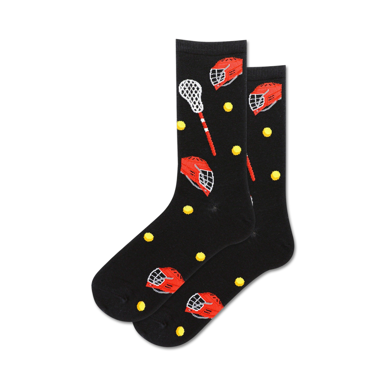 Pair of black crew socks with a pattern of red lacrosse helmets, sticks, and yellow balls. Fun, sporty design.