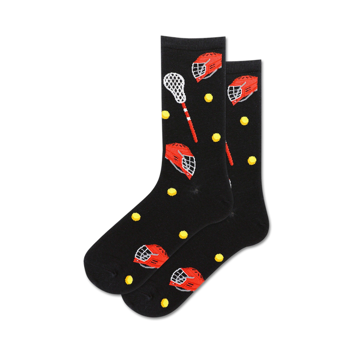 women's lacrosse crew socks with red helmets and yellow balls.  }}