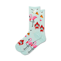 Pair of light blue crew socks featuring flamingos, seagulls, crabs wearing watermelon hats, and pizza slices.