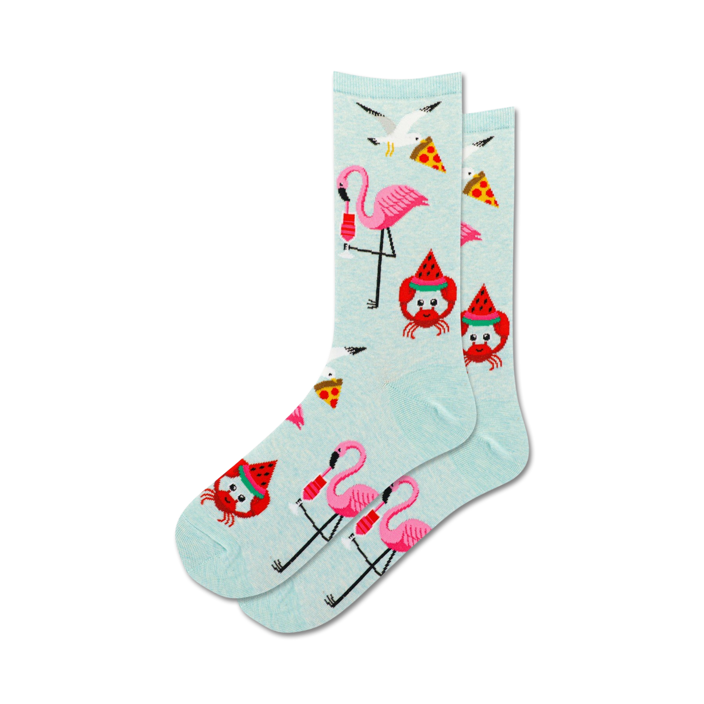 Pair of light blue crew socks featuring flamingos, seagulls, crabs wearing watermelon hats, and pizza slices.