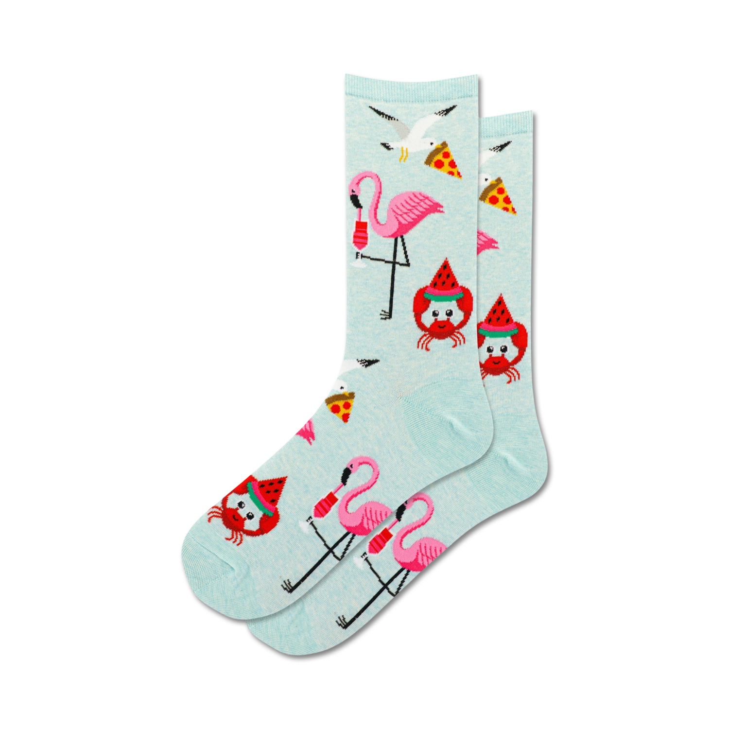 Pair of light blue crew socks featuring flamingos, seagulls, crabs wearing watermelon hats, and pizza slices.