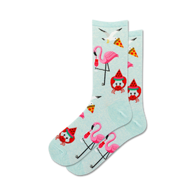 crew length womens socks adorned with flamingos donning watermelon slices, seagulls with pizza slices, and crabs with watermelon slices, all on a blue background.  