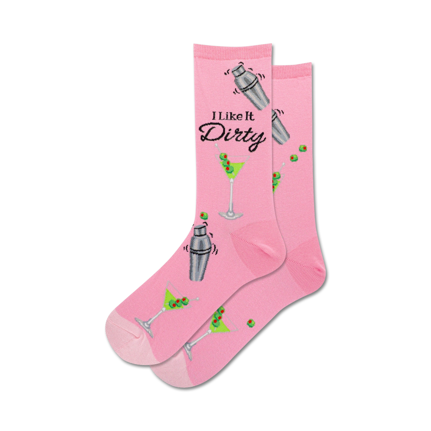 Pair of women's crew socks. Pink and blue options, featuring martini glasses, olives, and a cocktail shaker with the text 'I Like It Dirty'.