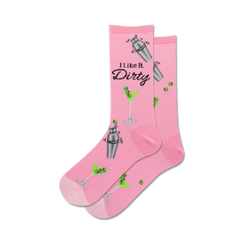 pink martini socks with martini glasses and cocktail shakers, crew length for womens.  