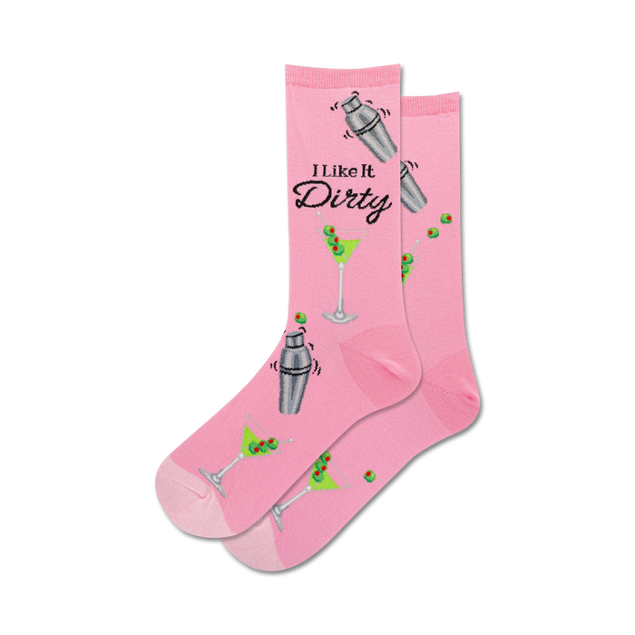 pink martini socks with martini glasses and cocktail shakers, crew length for womens.  