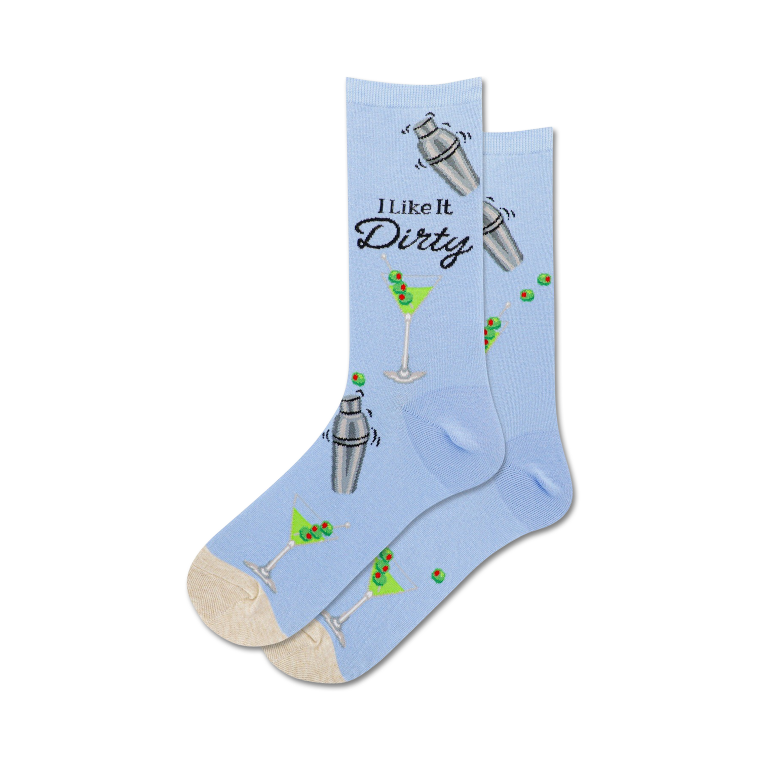 Lifestyle shot showing a person's feet wearing the light blue 'I Like It Dirty' socks.
