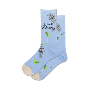 blue crew socks for women with a martini-themed pattern of glasses, shakers, and olives. i like it dirty.    