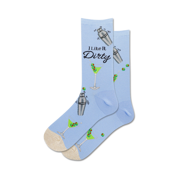blue crew socks for women with a martini-themed pattern of glasses, shakers, and olives. i like it dirty.    