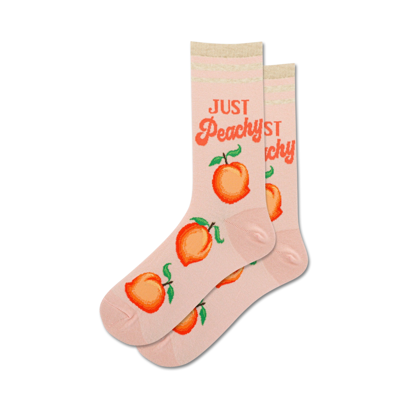 Pair of pink crew socks with peaches and 'Just Peachy' text.  Features orange peaches and retro-style lettering on a light pink background.