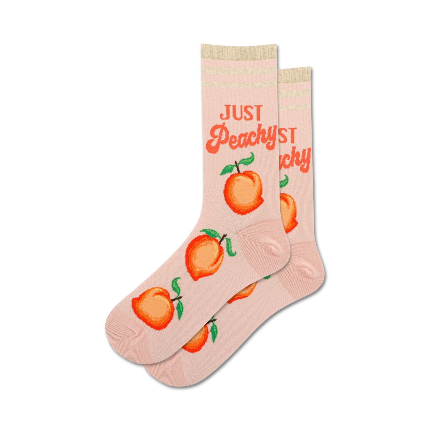 Pair of pink crew socks with peaches and 'Just Peachy' text.  Features orange peaches and retro-style lettering on a light pink background.