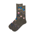 Pair of grey crew socks with a fun pattern of sewing supplies: sewing machines, scissors, pins, and thread spools in pink and blue.