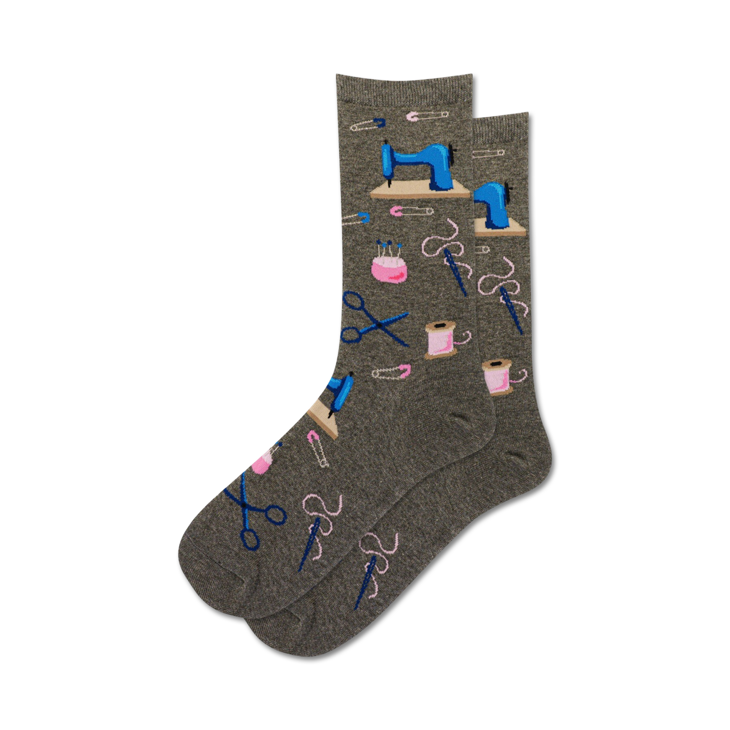 Pair of grey crew socks with a fun pattern of sewing supplies: sewing machines, scissors, pins, and thread spools in pink and blue.