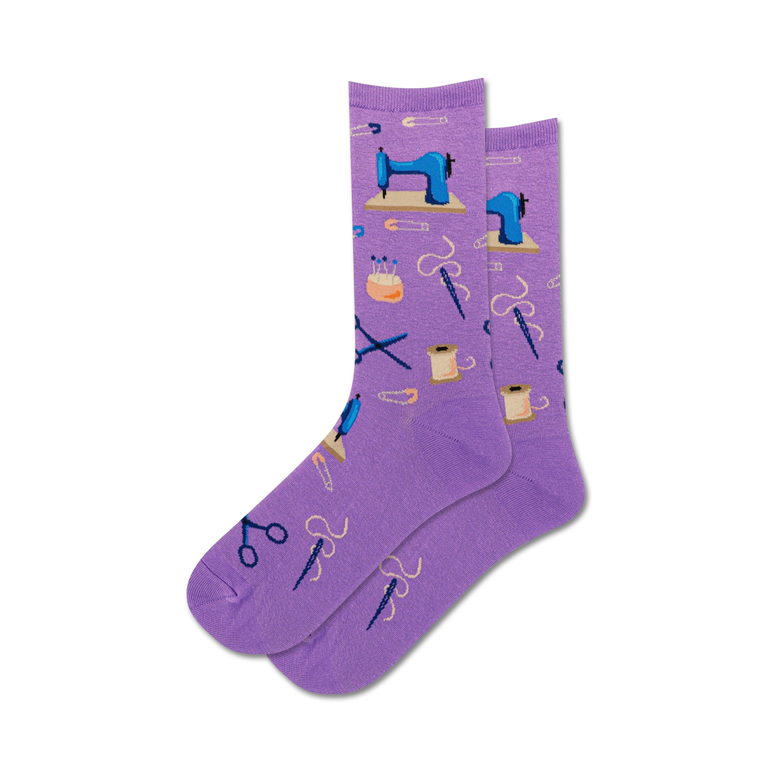 Lifestyle shot of a person wearing the purple version of the sewing-themed socks.