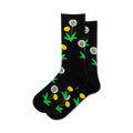 Pair of crew socks, black and light grey options, featuring yellow and white dandelion flower and green leaf prints on a black or light grey background.