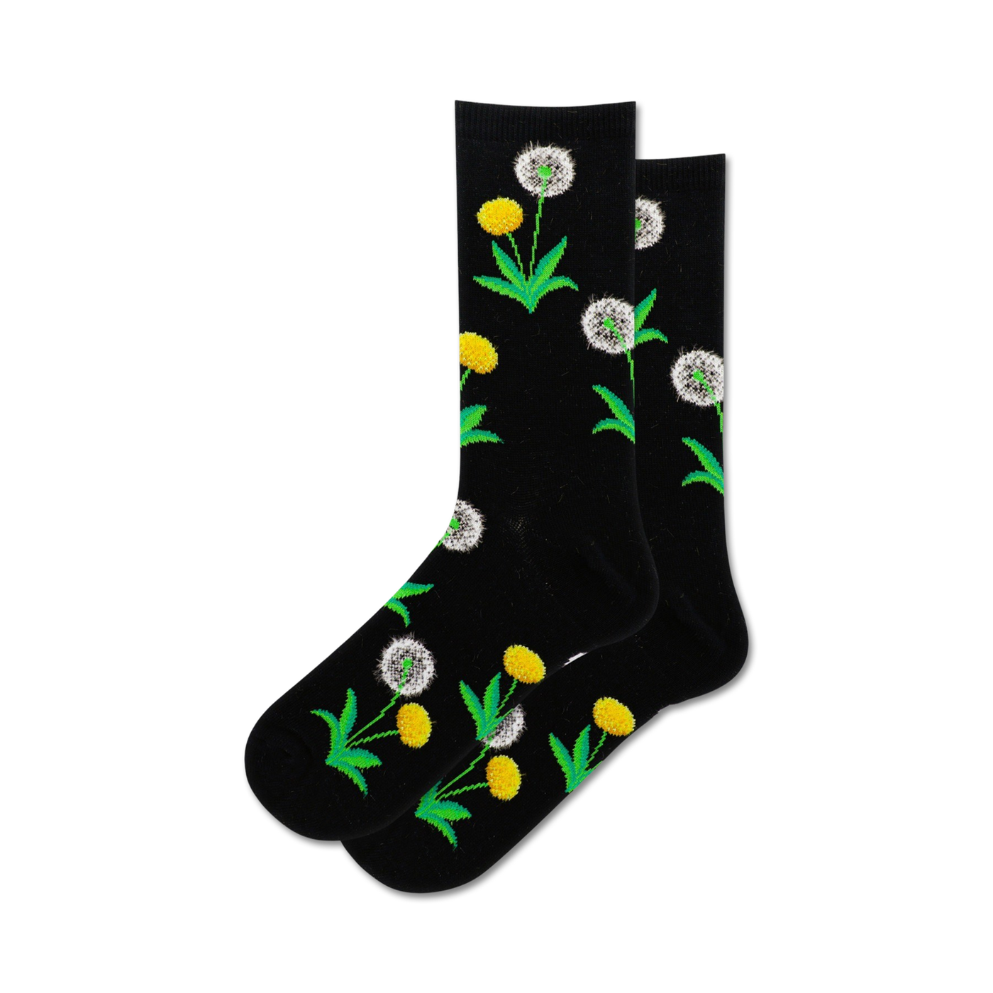Pair of crew socks, black and light grey options, featuring yellow and white dandelion flower and green leaf prints on a black or light grey background.