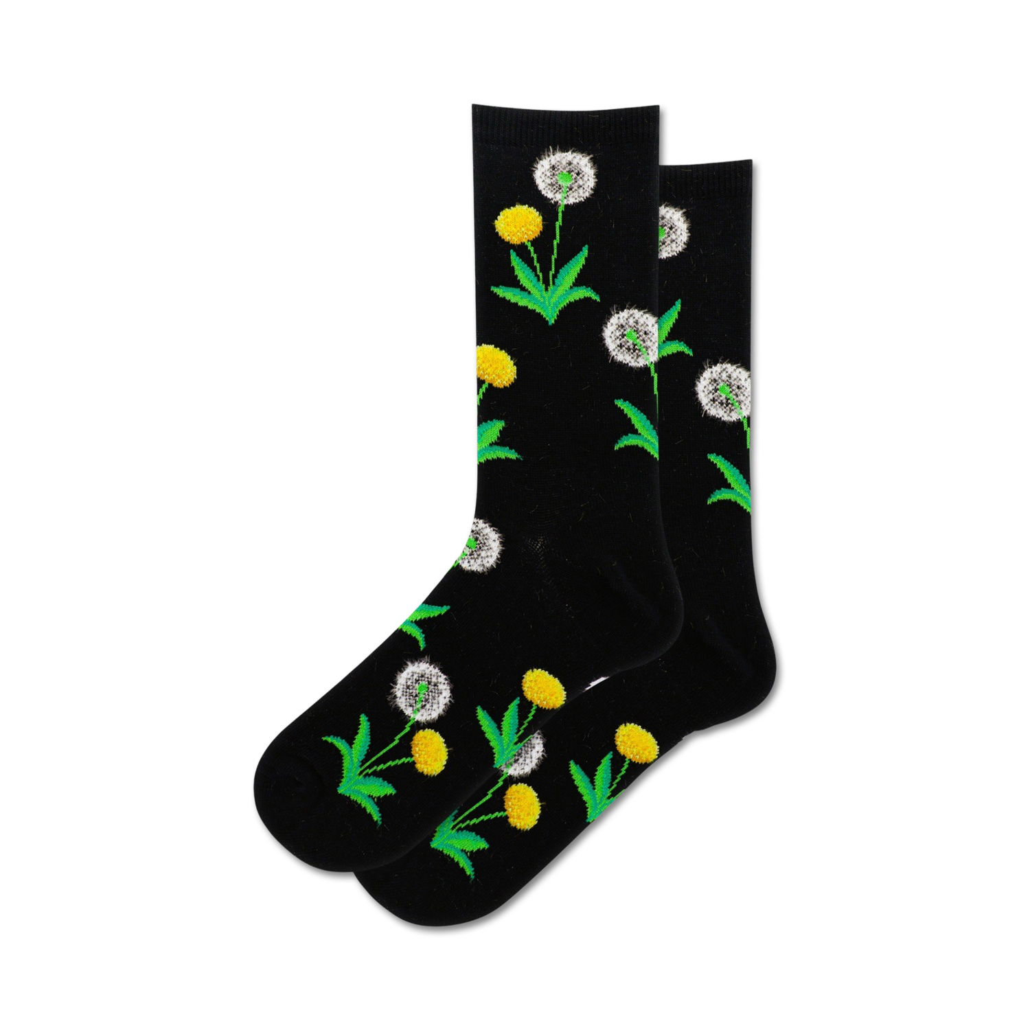 Pair of crew socks, black and light grey options, featuring yellow and white dandelion flower and green leaf prints on a black or light grey background.