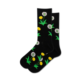 black crew socks with yellow and white dandelion pattern.   