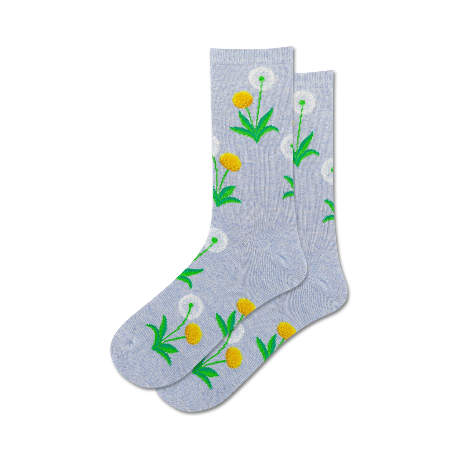 Lifestyle shot showing a pair of light grey Fuzzy Dandelion socks on a person's feet.