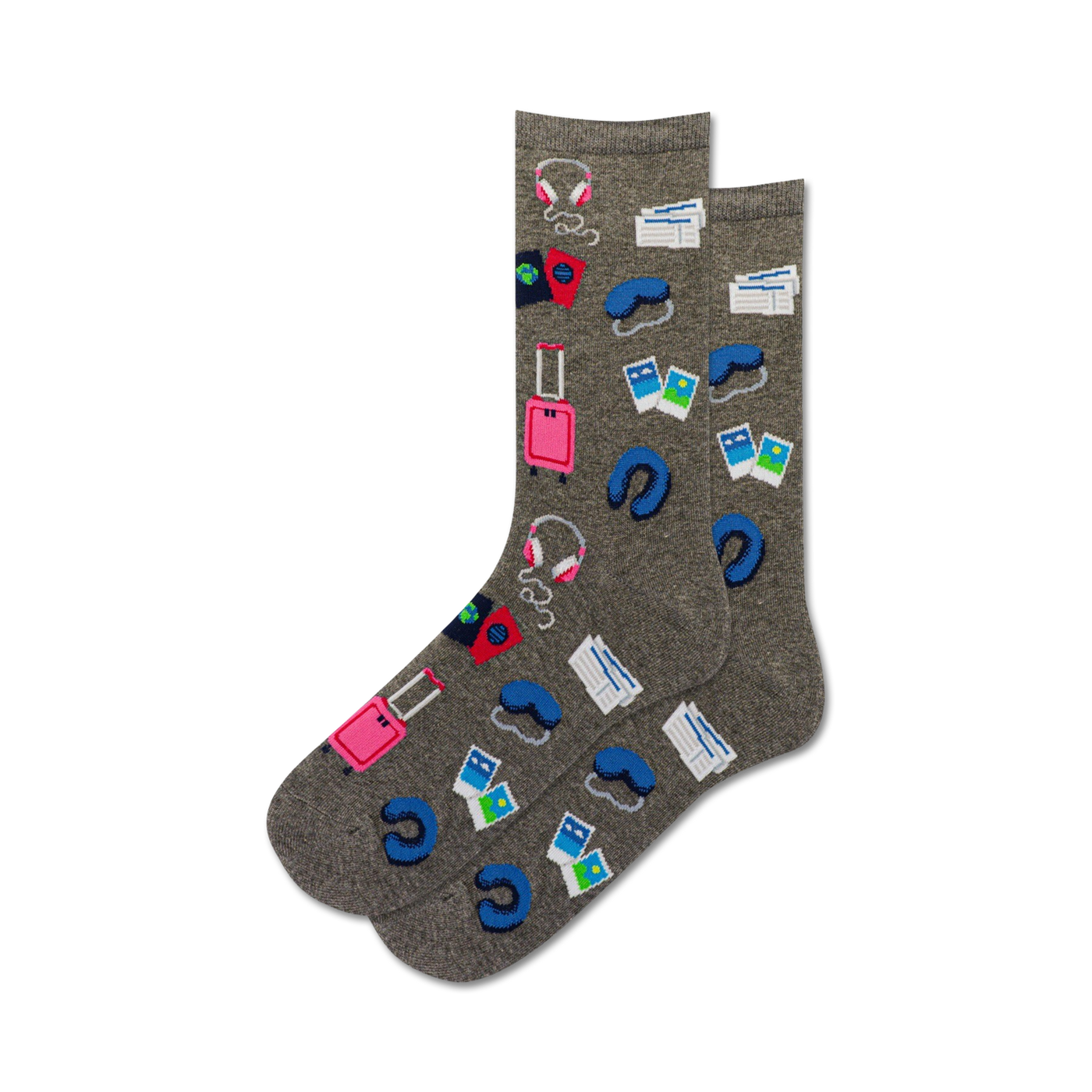 Pair of gray crew socks with colorful travel icons: suitcase, passport, headphones, sleep mask.  Perfect for wanderlusters!