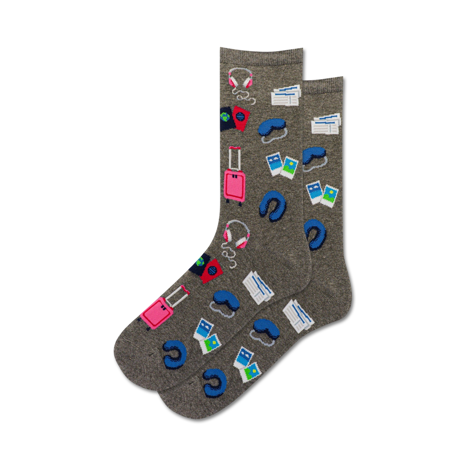 Pair of gray crew socks with colorful travel icons: suitcase, passport, headphones, sleep mask.  Perfect for wanderlusters!