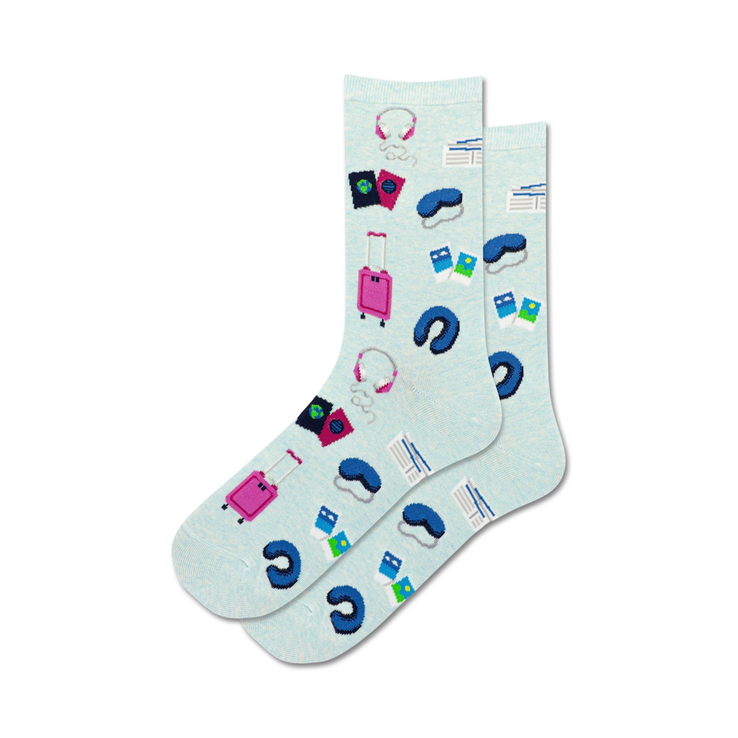 Lifestyle shot: A person's feet wearing the light blue Travel Musts socks.